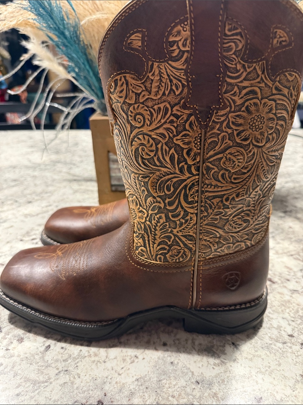 Ariat Chocolate Brown Floral-Embroidered Western Boots - Picture 4 of 5